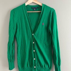 Vintage Ralph Lauren Green V-Neck Cardigan with Pink Pony Embroidery